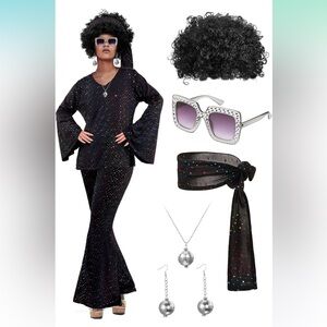 NWT 70s Women Disco Set Disco Top Pants Sunglasses Ball Necklace Earrings Wig